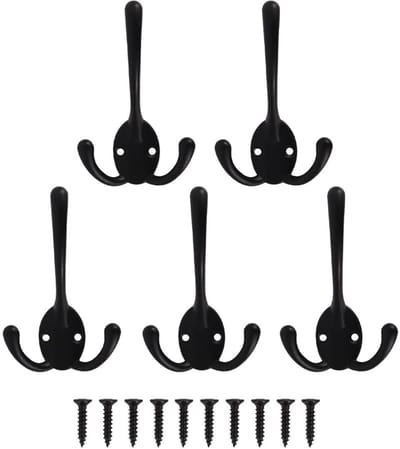 Dailygoods - 5 stuks zwarte wandhaken, retro, zware drievoudige haken voor jassen, hoeden, tassen, badjassen, handdoeken, sjaals, sleutels, bekers