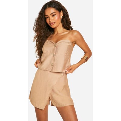 boohoo Dames Bandeau met linnen-look en knoopdetail | Mokka | Maat: 34