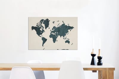 Aluminium schilderij 60x40 cm - Wanddecoratie metaal - Wereldkaart - Blauw - Bruin - Metalen muurdecoratie woonkamer - Decoratie industrieel - Foto op dibond - Industriële accessoires slaapkamer