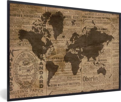 Poster in lijst - Fotolijst 120x80 cm - Posters - Wereldkaart - Retro - Krant - Posterlijst zwart - Decoratie - Wanddecoratie woonkamer - Muurdecoratie slaapkamer