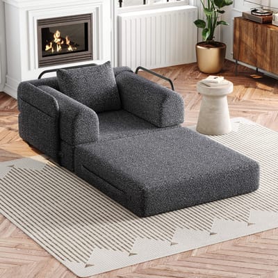 PHOEBE CAT 2-in-1 Slaapbank - Fauteuil - Chenille stof - Metalen frame - Met kussens - Grijs