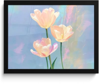 Poster in lijst - Fotolijst 40x30 cm - Posters - Tulpen - Roze accenten - Blauw - Posterlijst zwart - Decoratie - Wanddecoratie woonkamer - Muurdecoratie slaapkamer