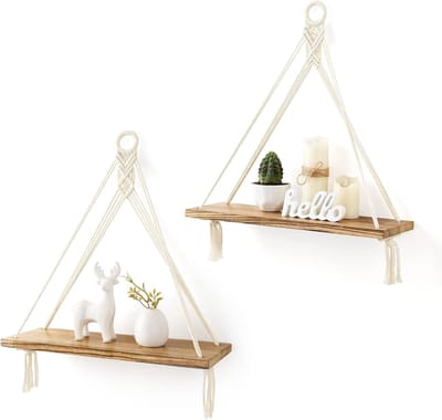 Famanu - Macramé wandplanken set van 2, boho stijl, rustiek hout met touw, voor planten of foto’s