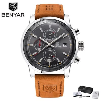 BENYAR Horloge BY-5102 - Lichtbruin-Grijs – Heren - Quartz - Chronograaf - Lederen Band - Luxe - Stijlvol