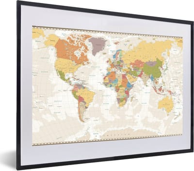 Poster in lijst - Fotolijst 60x40 cm - Posters - Wereldkaart - Retro - Kleuren - Educatief - Staatkundig - Posterlijst zwart - Decoratie - Wanddecoratie woonkamer - Muurdecoratie slaapkamer