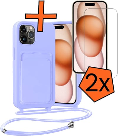 Hoesje Geschikt voor iPhone 14 Pro Hoesje Met Telefoonketting Pasjeshouder Case Met 2x Screenprotector Koord - Hoesje Geschikt voor iPhone 14 Pro Hoes Met Kaarthouder - Lila