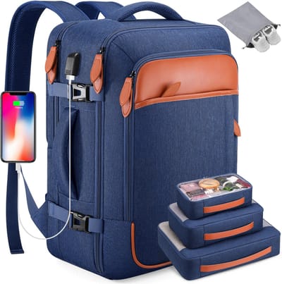 REDOM Reistas Rugzak 40L 30×18×46 cm – Uitbreidbaar & Inclusief 4 Packing Cubes + USB Poort – Carry-on Handbagage Laptopvak 17 inch – Polyester – Blauw