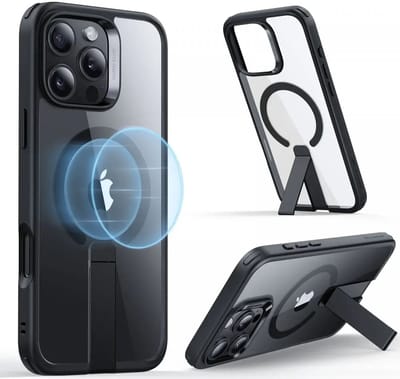 ESR Hoesje Geschikt voor Apple iPhone 16 Pro - Compatibel met MagSafe - Boost Flickstand - Back Cover met Standaard - Militaire Bescherming - Transparant Zwart