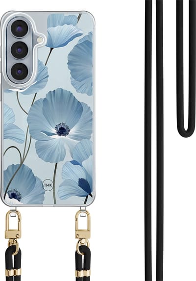 Telefoonhoesje met koord geschikt voor Samsung S26 - Blauw bloemenveld - Inclusief koord - Transparant, Multi - - Crossbody beschermhoes - Met Telefoonketting