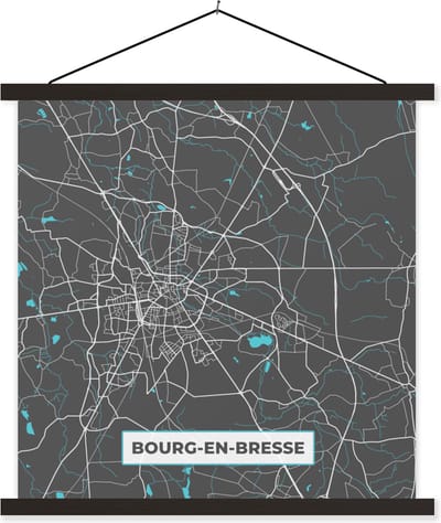 Posterhanger incl. Poster 60x60 cm - Schoolplaat - Bourg-en-Bresse - Frankrijk - Stadskaart - Kaart - Plattegrond - Textielposter - Zwarte latten - Stadskaart
