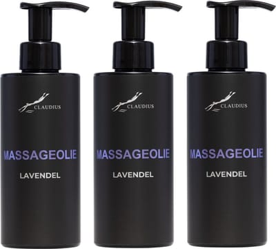 Massageolie Lavendel 300 ml - met pomp - zwarte fles - 100% natuurlijk - biologisch en koud geperst - set van 3 stuks - Voordeelverpakking