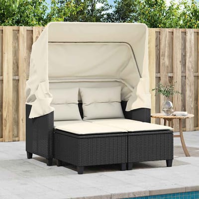 vidaXL - Tuinbank - 2-zits - met - luifel - en - voetenbanken - poly - rattan - zwart