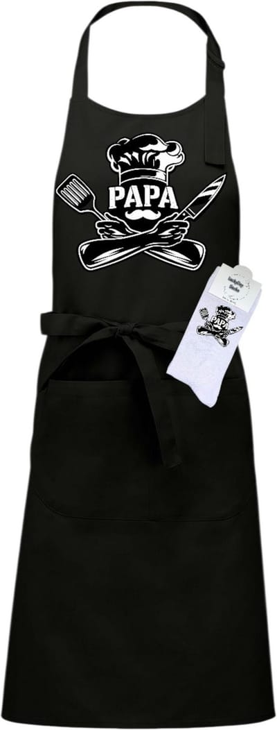 Keukenschort en sokken met tekst - Giftset - Papa kok - Moederdag - Vaderdag - Zwart - Verstelbaar - Cadeau idee - Verjaardag - Cadeau dames en heren - Liefste Opa en Oma cadeau - Kerst cadeau - Grappig cadeau - Onesize