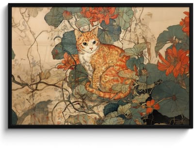 Poster in lijst - Fotolijst 120x80 cm - Posters - Kat - Sierlijk - Bloemen - Posterlijst zwart - Decoratie - Wanddecoratie woonkamer - Muurdecoratie slaapkamer