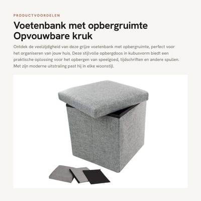 Dailygoods- Voetenbank met opbergruimte - Opbergdoos met deksel - Opvouwbare hocker - Poef - Kubusopbergruimte - Grijze voetenbank met gevoerd deksel