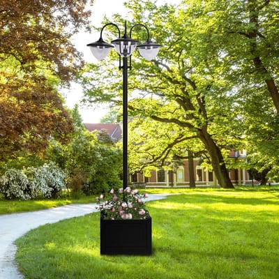 MEUNIQ solar lantaarnpaal 3-lichts 60 x 55 x 189 cm met plantenbakbasis, IP44 buitenlamp op zonne-energie met schakelaar voor tuin, terras, balkon, zwart
