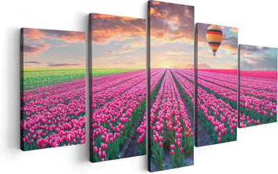 Artaza Canvas Schilderij Vijfluik Bloemenveld Met Roze Tulpen - Luchtballon - 100x50 - Foto Op Canvas - Canvas Print
