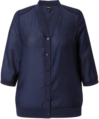 Ulla Popken - Dames - Blouson licht transparant V-hals 3/4-mouwen - Marine - Maat 42+