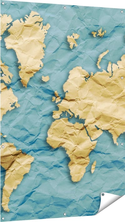 Gards Tuinposter Wereldkaart op Gekreukeld Papier - 100x150 cm - Tuindoek - Tuindecoratie - Wanddecoratie buiten - Tuinschilderij