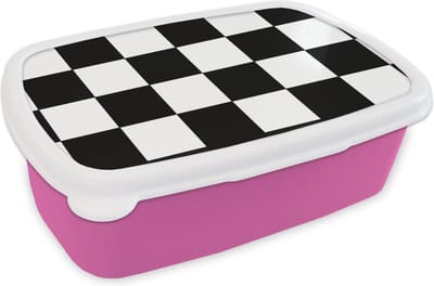 Broodtrommel Roze - Lunchbox Schaakbord - Patronen - Zwart Wit - Brooddoos 18x12x6 cm - Brood lunch box - Broodtrommels voor kinderen en volwassenen