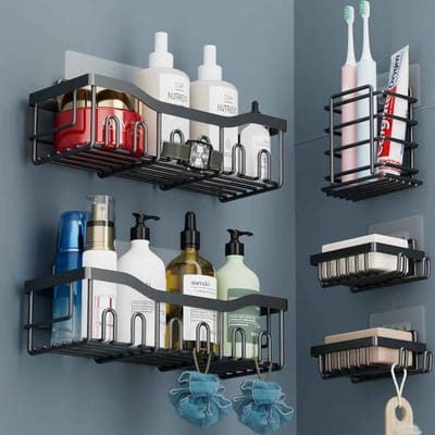 5-delig Zelfklevend Douche Opbergrek - Roestvrij RVS Badkamer Organizer, Grote Opbergcapaciteit zonder Boren voor Douche/Keuken (Zwart)