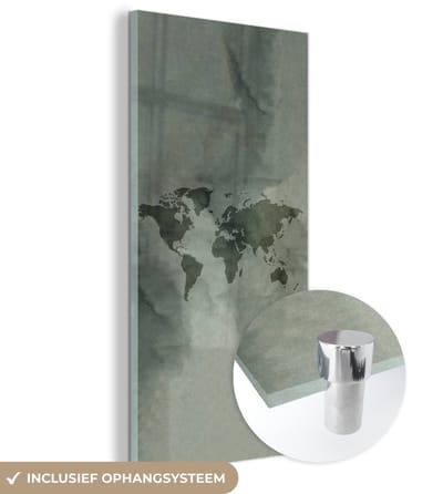 ® Glasschilderij 80x160 cm - Schilderij acrylglas - Wereldkaart - Groen - Grijs - Foto op glas - Muurdecoratie woonkamer - Wanddecoratie slaapkamer - Schilderijen