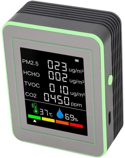 Luchtkwaliteitsmeter - Binnenlucht Tester - Gezondheid Monitoren - 6 in 1 Metingen - Draagbaar Kleurenscherm - Zwart Groen