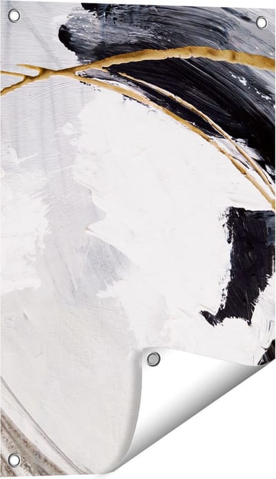 Gards Tuinposter Abstracte Kunst - Wit met Zwart en Goud - 40x60 cm - Tuindoek - Tuindecoratie - Wanddecoratie buiten - Tuinschilderij