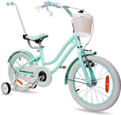 Heart Bike Fiets voor een meisje van 2 tot 6 jaar, 16 inch Silver Moon Mint, met fietsbel, zijwieltjes, duwstang en stuurmandje