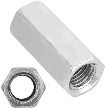 Dailygoods- Lange Zeskantmoer 2 Stuks - Zink Geplateerd Staal - Schroefdraad Bevestigingsmiddelen - Koolstofstaal - Eenvoudig te Installeren - Essentiële Accessoires - Moeren