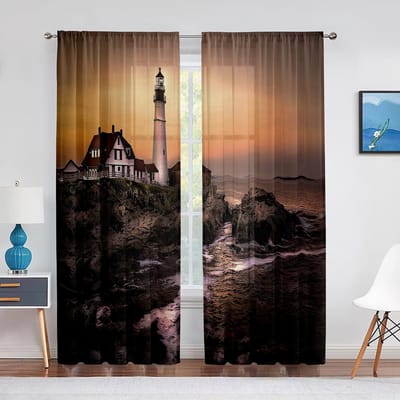 Vuurtoren Kustrotsen Kust Gebouw Tule Gordijnen Keuken Huisdecoratie Chiffon Transparante Voile Gordijnen voor Woonkamer Slaapkamer 1 PCS W100XH250cm&Grommet Top