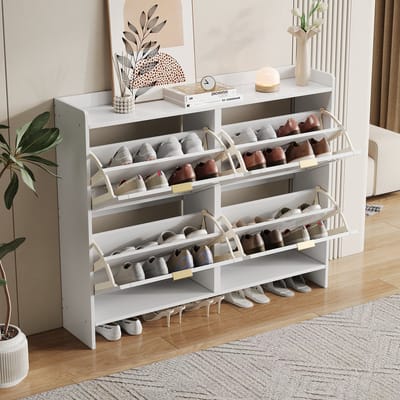 REDOM - Schoenenkast - 4 klepvakken - Uittrekbaar vak en open opbergruimte - Moderne stijl - Hal - Spaanplaat - Wit - 110 x 24 x 90 cm