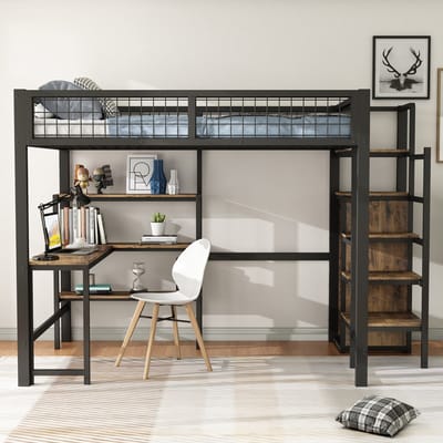 Hochbett 140x200 cm Zwart - IJzerbett met Schreibtisch, Einbauschrank & Regalen - Zonder Matratze