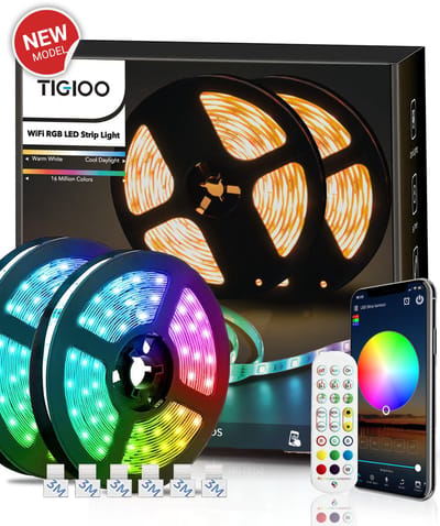 TIGIOO LED strip 10 meter - Wifi Lichtstrip met 16 kleuren - Dimbaar - incl. App & Afstandsbediening - Zelfklevend