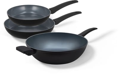 BE Living Pannenset 3-delig - Ø 24 & 28 cm Koekenpan + Ø 32 cm Wokpan - Koekenpannenset - Keramisch - Inductie Pannen - PFAS Vrij Anti Aanbak - Delight Series