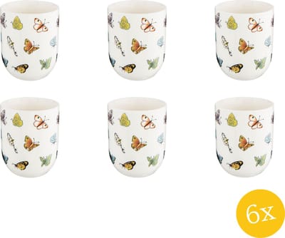 Clayre & Eef Mok set van 6 stuks 100 ml Beige Geel Porselein Rond Vlinders Theemok