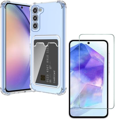 Schokbestendig TPU Hoes Kaarthouder + Screenprotector Geschikt voor: Samsung Galaxy A56 - Transparant - Hoesje met Achterkant Pasjeshouder