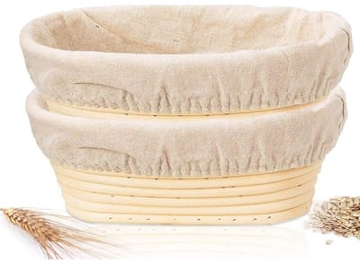 GELLDG 2 stuks rijsmandjes - Ovaal rijsmandje - Rietrijsmandje - Diameter 25 cm - Gevoerd met linnen - Geschikt voor professionele en amateur bakkers die zelfgemaakt brood maken