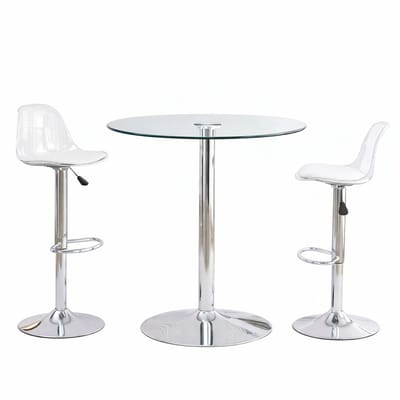 Glazen Tafel 2 Barkrukken 89x89x92 cm Tafel En Stoelen Set Zilver Transparant Glas Metaal Kunststof Verstelbaar Draaibaar Ruimtebesparend Voor Keuken Bar Of Eetkamer