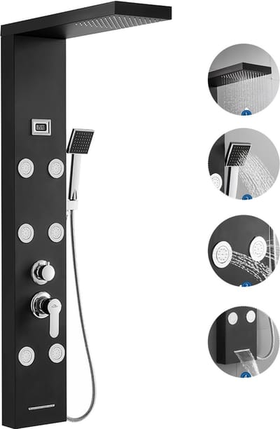 Auralum Max Douchepaneel - 4 in 1 Doucheset - Douchekolom Regendouche - RVS - Mengkraan - Digitaal Display - Waterval Douche - Massage Spa Jets - Duurzaam - Combinatie Set - Zwart
