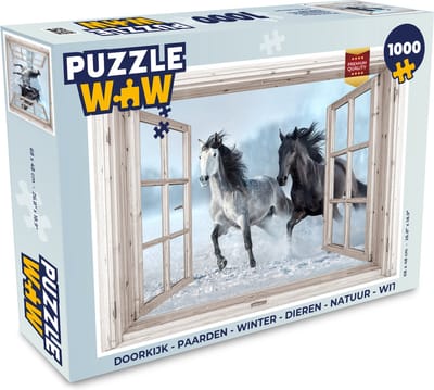 Puzzel Doorkijk - Paarden - Winter - Dieren - Natuur - Wit - Legpuzzel - Puzzel 1000 stukjes volwassenen