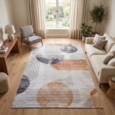 TAPISO Venezia Vloerkleed Woonkamer Laagpolig Crème Oranje Geometrisch Cirkels Antislip Tapijt Slaapkamer Eetkamer Gang Oeko-Tex 180x250