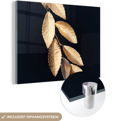 MuchoWow® Glasschilderij 160x120 cm - Schilderij acrylglas - Bladeren - Zwart - Goud - Luxe - Planten - Foto op glas - Schilderijen