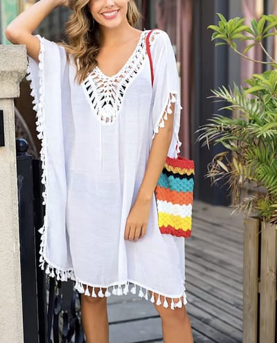 ASTRADAVI Pareo Jurk - Sarong Dress Beachwear - Mooie strandkleding voor Dames met Franjes en Haakwerk - Wit