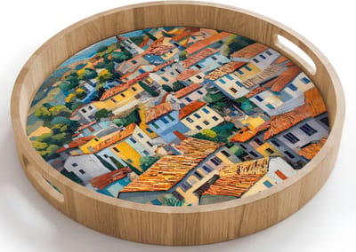 Dienblad rond 40x40 cm - Schootdienblad hout - Dorp - Heuvels - Landschap - Bomen - Borrelplank rechthoek - Plateau houten dienbladen