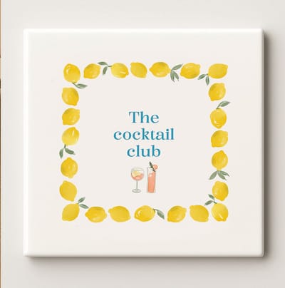 The Cocktail Club Keramische Tegel 15x15cm – Elegant Citroenrand Ontwerp – Perfect Cadeau voor Thuisbar, Keuken of Zomerdecoratie