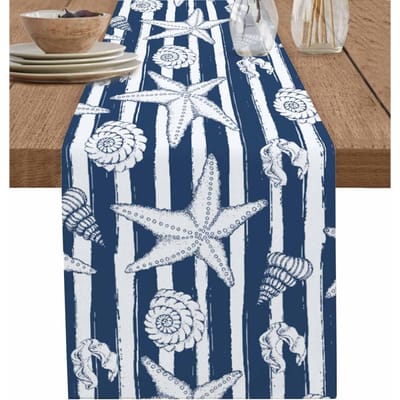 Nautische Oceaanblauwe Strepen Linnen Tafelkleden Commode Sjaal Decor Wasbaar Strand Schelp Zeester Schelp Tafelkleed Feestdecoratie 150x33cm blue