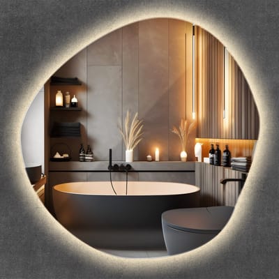 Wallfluent LED Spiegel - Ongelijke Spiegel Met Led Verlichting - 48 cm x 48 cm - Decoratieve Spiegel - Badkamerspiegel – Eetkamerspiegel – Keukenspiegel – Kantoorspiegel - Warm Wit 3000K - Horizontaal of verticaal te plaatsen - Moderne Wandspiegel