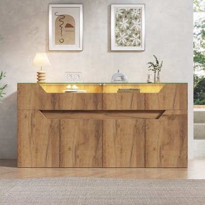 OKWISH Dressoir – 140×40×70 cm – 2 Laden En Deuren – Opbergkast Voor Woonkamer Eetkamer En Hal – MDF Naturel Met Gehard Glas
