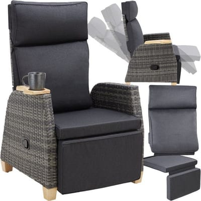 tectake® - Wicker buitenfauteuil - Stoel met hoge rugleuning - Voetsteun en verstelbare rugleuning - Relaxstoel met ligfunctie - Loungemeubel voor tuin - Ligstoel - Leesstoel - Incl. ruimte voor beker/glas